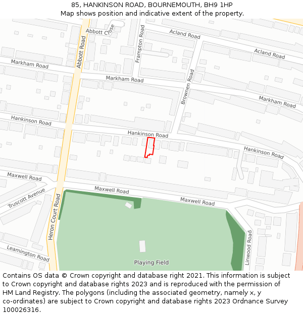 85, HANKINSON ROAD, BOURNEMOUTH, BH9 1HP: Location map and indicative extent of plot