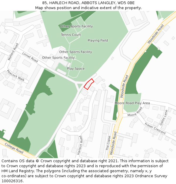 85, HARLECH ROAD, ABBOTS LANGLEY, WD5 0BE: Location map and indicative extent of plot