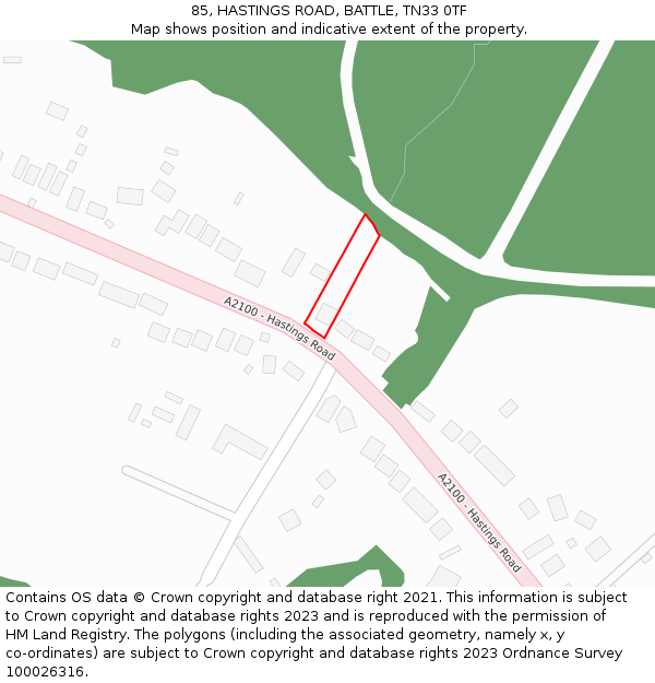 85, HASTINGS ROAD, BATTLE, TN33 0TF: Location map and indicative extent of plot