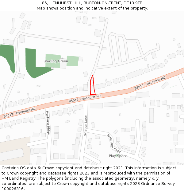 85, HENHURST HILL, BURTON-ON-TRENT, DE13 9TB: Location map and indicative extent of plot