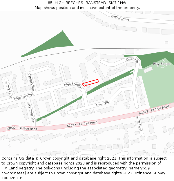 85, HIGH BEECHES, BANSTEAD, SM7 1NW: Location map and indicative extent of plot