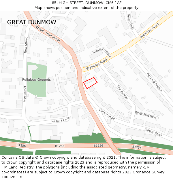 85, HIGH STREET, DUNMOW, CM6 1AF: Location map and indicative extent of plot