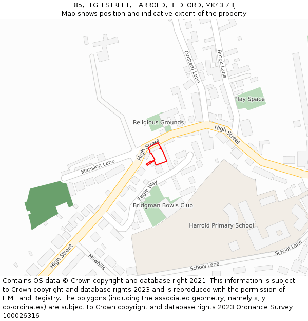 85, HIGH STREET, HARROLD, BEDFORD, MK43 7BJ: Location map and indicative extent of plot