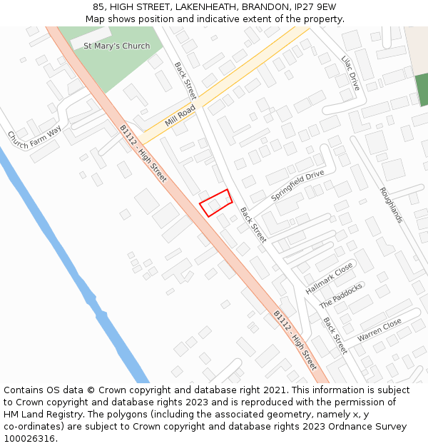 85, HIGH STREET, LAKENHEATH, BRANDON, IP27 9EW: Location map and indicative extent of plot