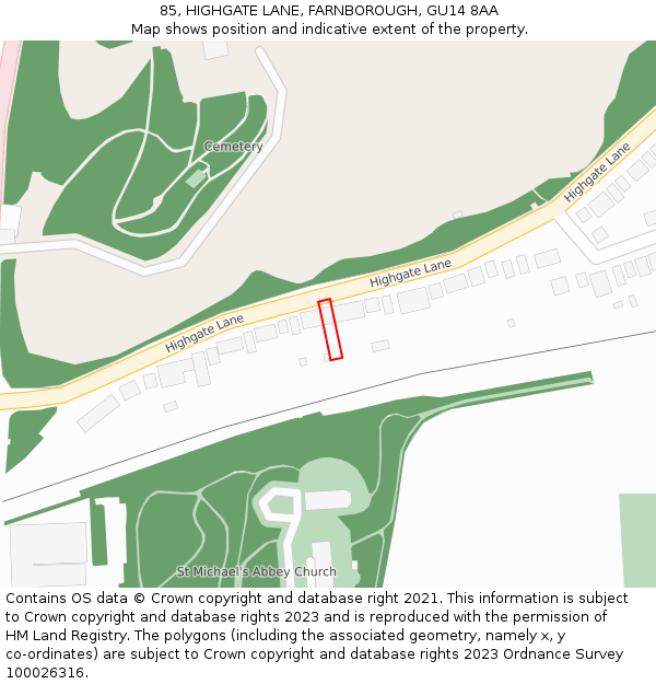 85, HIGHGATE LANE, FARNBOROUGH, GU14 8AA: Location map and indicative extent of plot