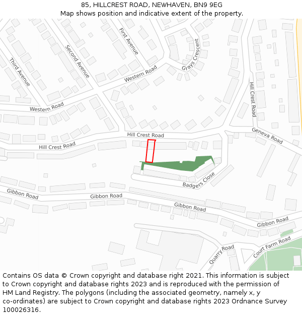 85, HILLCREST ROAD, NEWHAVEN, BN9 9EG: Location map and indicative extent of plot