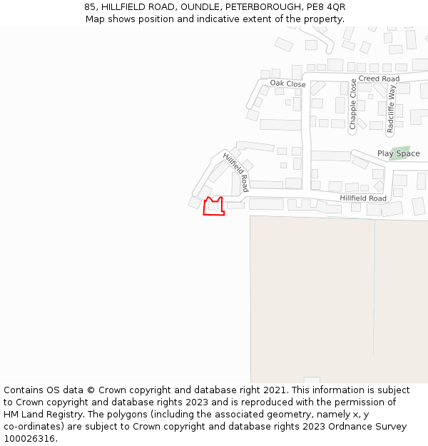 85, HILLFIELD ROAD, OUNDLE, PETERBOROUGH, PE8 4QR: Location map and indicative extent of plot