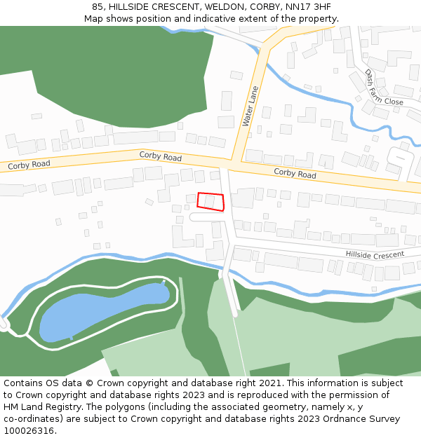 85, HILLSIDE CRESCENT, WELDON, CORBY, NN17 3HF: Location map and indicative extent of plot