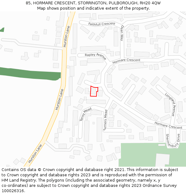 85, HORMARE CRESCENT, STORRINGTON, PULBOROUGH, RH20 4QW: Location map and indicative extent of plot