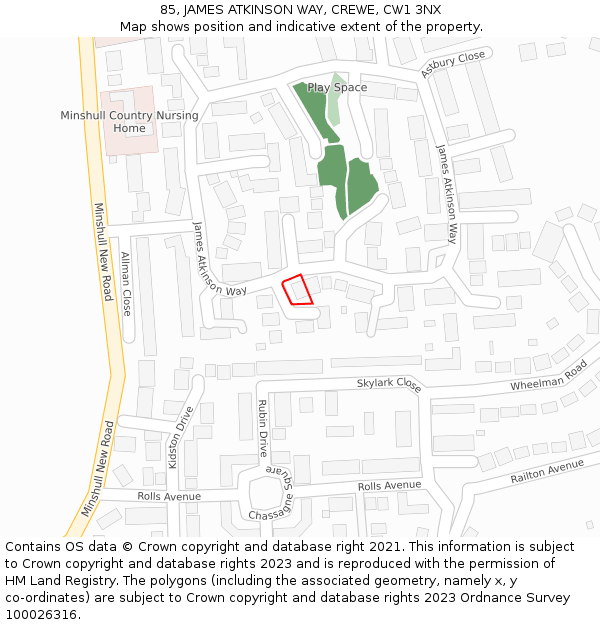 85, JAMES ATKINSON WAY, CREWE, CW1 3NX: Location map and indicative extent of plot