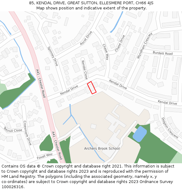 85, KENDAL DRIVE, GREAT SUTTON, ELLESMERE PORT, CH66 4JS: Location map and indicative extent of plot