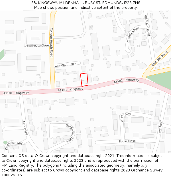 85, KINGSWAY, MILDENHALL, BURY ST. EDMUNDS, IP28 7HS: Location map and indicative extent of plot
