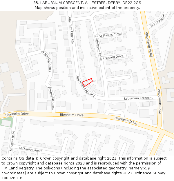85, LABURNUM CRESCENT, ALLESTREE, DERBY, DE22 2GS: Location map and indicative extent of plot