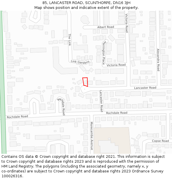85, LANCASTER ROAD, SCUNTHORPE, DN16 3JH: Location map and indicative extent of plot