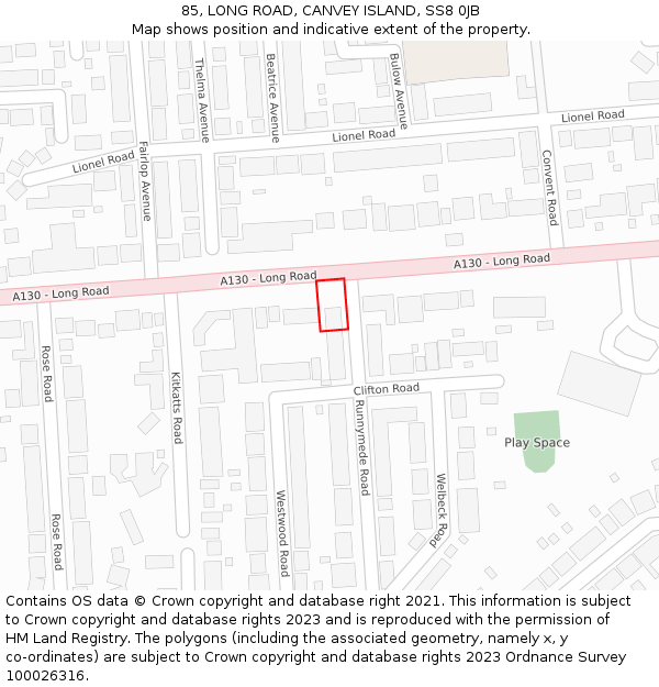 85, LONG ROAD, CANVEY ISLAND, SS8 0JB: Location map and indicative extent of plot