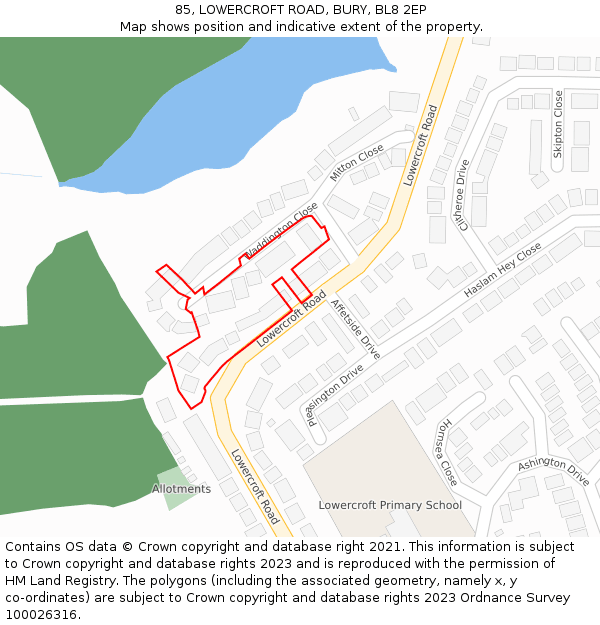 85, LOWERCROFT ROAD, BURY, BL8 2EP: Location map and indicative extent of plot