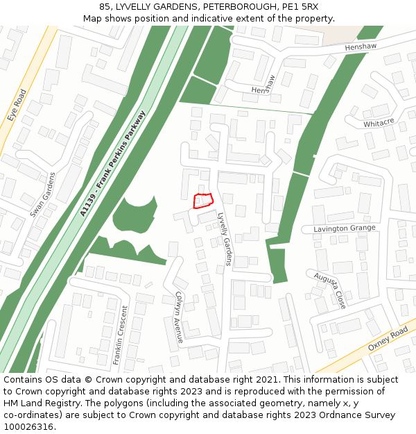 85, LYVELLY GARDENS, PETERBOROUGH, PE1 5RX: Location map and indicative extent of plot