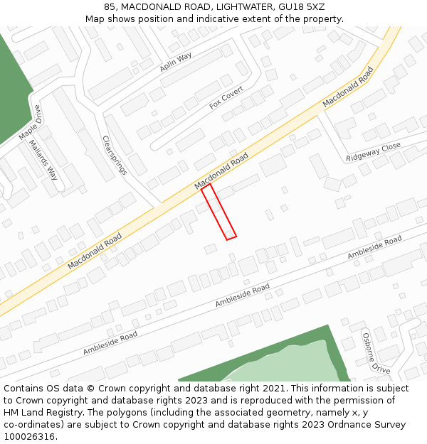 85, MACDONALD ROAD, LIGHTWATER, GU18 5XZ: Location map and indicative extent of plot