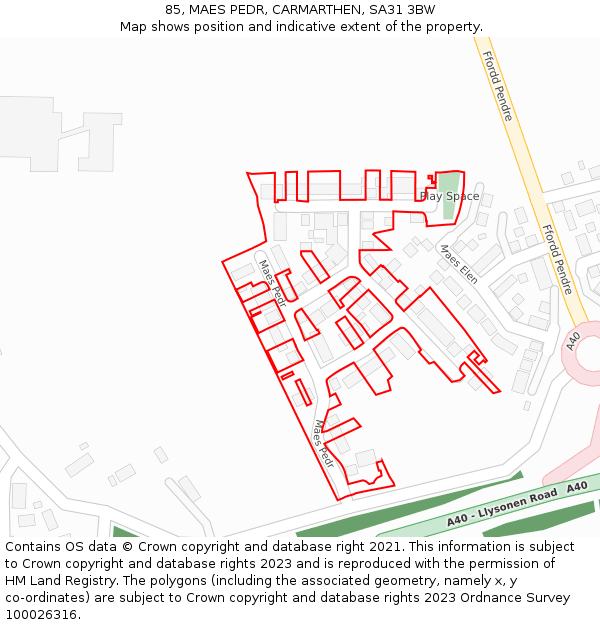 85, MAES PEDR, CARMARTHEN, SA31 3BW: Location map and indicative extent of plot