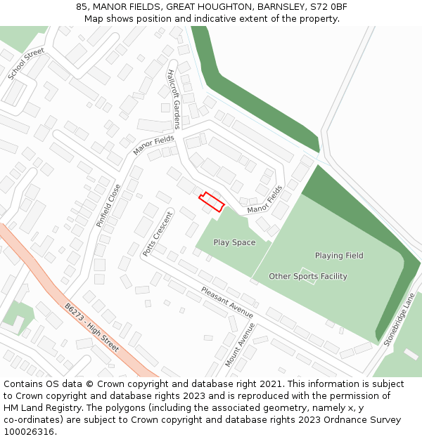 85, MANOR FIELDS, GREAT HOUGHTON, BARNSLEY, S72 0BF: Location map and indicative extent of plot