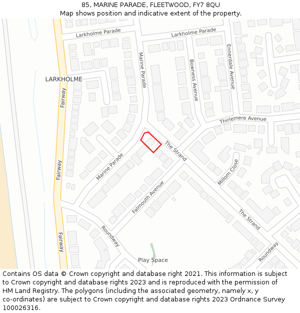 85, MARINE PARADE, FLEETWOOD, FY7 8QU: Location map and indicative extent of plot