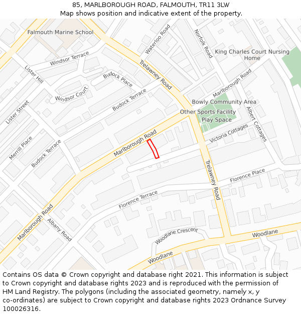 85, MARLBOROUGH ROAD, FALMOUTH, TR11 3LW: Location map and indicative extent of plot