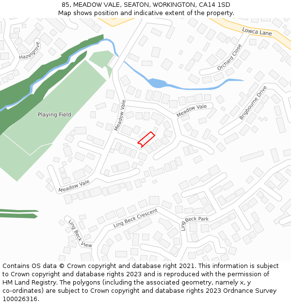 85, MEADOW VALE, SEATON, WORKINGTON, CA14 1SD: Location map and indicative extent of plot