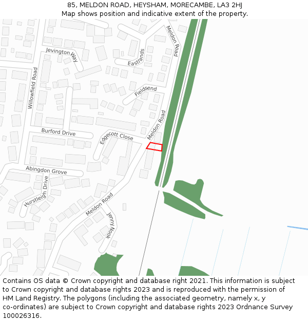 85, MELDON ROAD, HEYSHAM, MORECAMBE, LA3 2HJ: Location map and indicative extent of plot