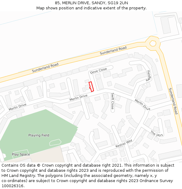 85, MERLIN DRIVE, SANDY, SG19 2UN: Location map and indicative extent of plot