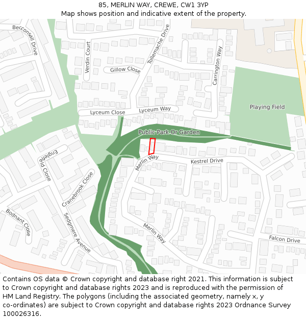 85, MERLIN WAY, CREWE, CW1 3YP: Location map and indicative extent of plot