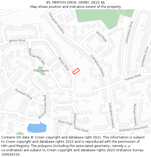 85, MERTON DRIVE, DERBY, DE22 4JL: Location map and indicative extent of plot