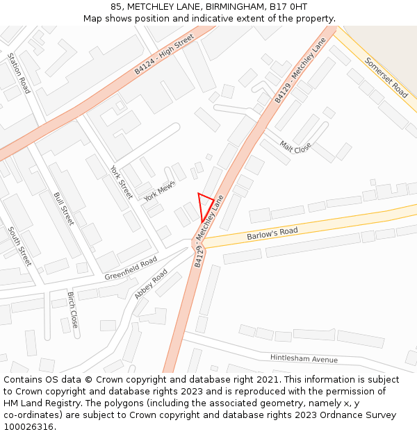 85, METCHLEY LANE, BIRMINGHAM, B17 0HT: Location map and indicative extent of plot