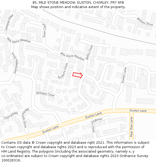 85, MILE STONE MEADOW, EUXTON, CHORLEY, PR7 6FB: Location map and indicative extent of plot