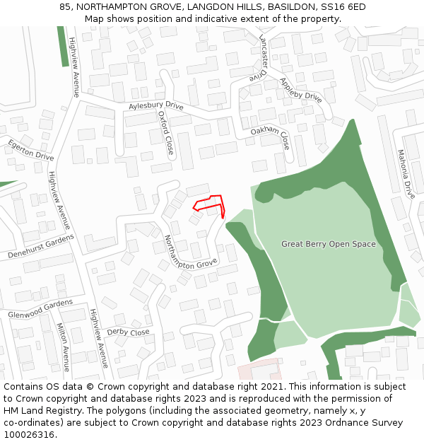 85, NORTHAMPTON GROVE, LANGDON HILLS, BASILDON, SS16 6ED: Location map and indicative extent of plot