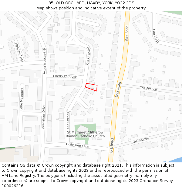 85, OLD ORCHARD, HAXBY, YORK, YO32 3DS: Location map and indicative extent of plot