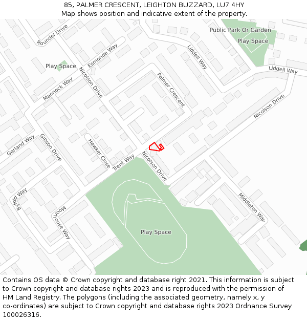 85, PALMER CRESCENT, LEIGHTON BUZZARD, LU7 4HY: Location map and indicative extent of plot