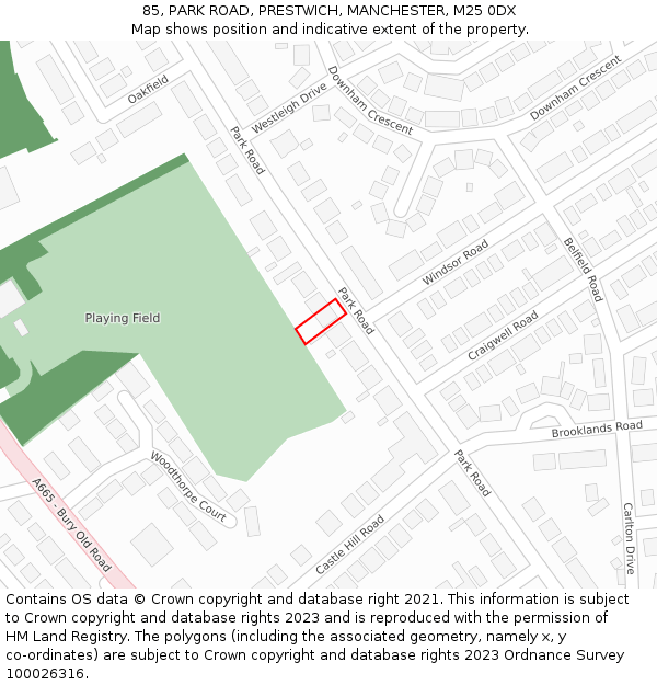 85, PARK ROAD, PRESTWICH, MANCHESTER, M25 0DX: Location map and indicative extent of plot