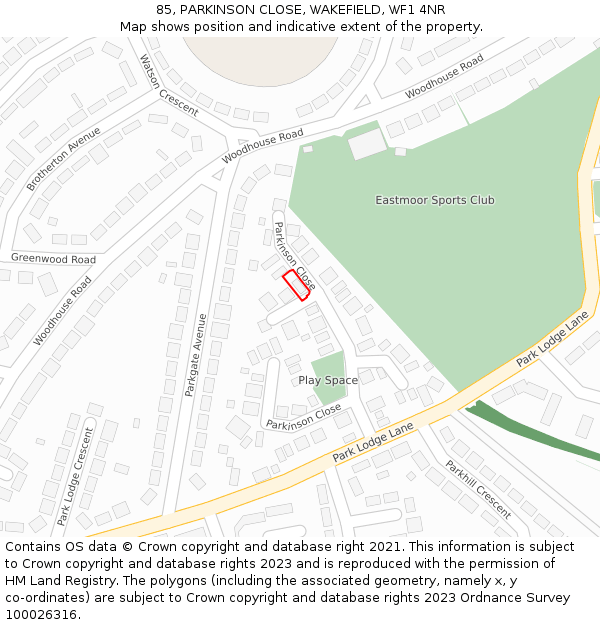 85, PARKINSON CLOSE, WAKEFIELD, WF1 4NR: Location map and indicative extent of plot