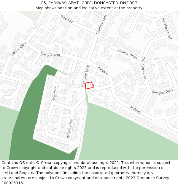 85, PARKWAY, ARMTHORPE, DONCASTER, DN3 3SB: Location map and indicative extent of plot