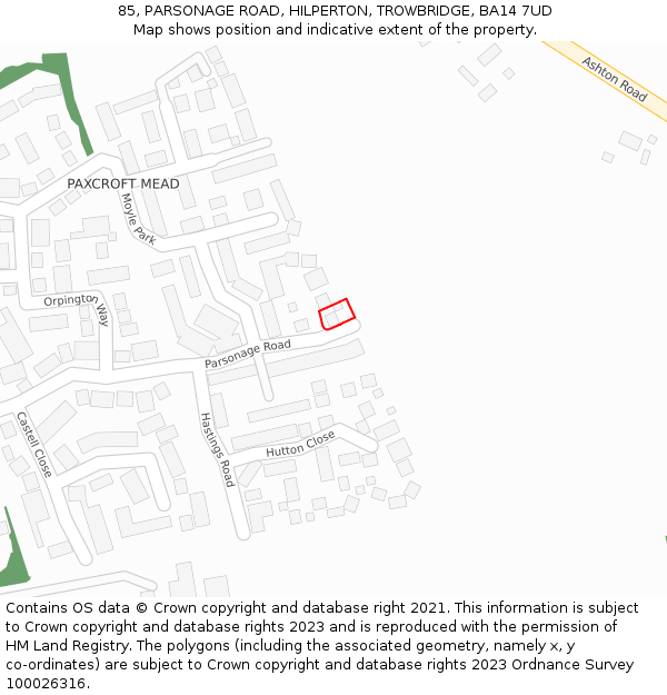 85, PARSONAGE ROAD, HILPERTON, TROWBRIDGE, BA14 7UD: Location map and indicative extent of plot