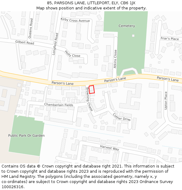 85, PARSONS LANE, LITTLEPORT, ELY, CB6 1JX: Location map and indicative extent of plot