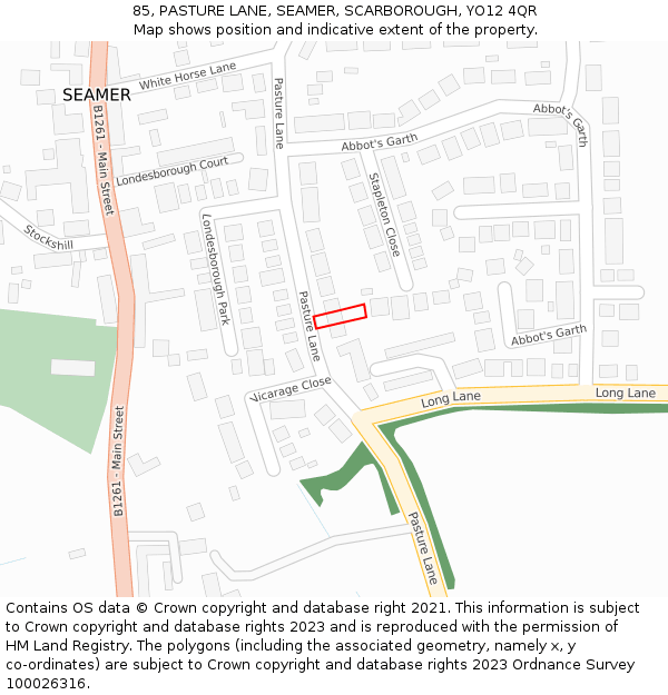 85, PASTURE LANE, SEAMER, SCARBOROUGH, YO12 4QR: Location map and indicative extent of plot