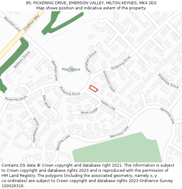 85, PICKERING DRIVE, EMERSON VALLEY, MILTON KEYNES, MK4 2EG: Location map and indicative extent of plot