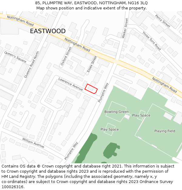 85, PLUMPTRE WAY, EASTWOOD, NOTTINGHAM, NG16 3LQ: Location map and indicative extent of plot