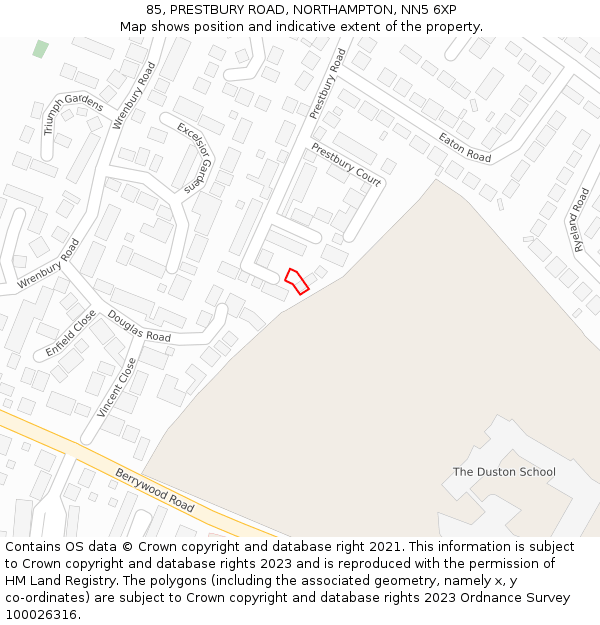 85, PRESTBURY ROAD, NORTHAMPTON, NN5 6XP: Location map and indicative extent of plot