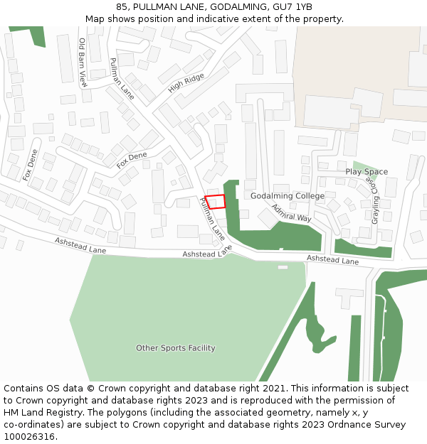 85, PULLMAN LANE, GODALMING, GU7 1YB: Location map and indicative extent of plot