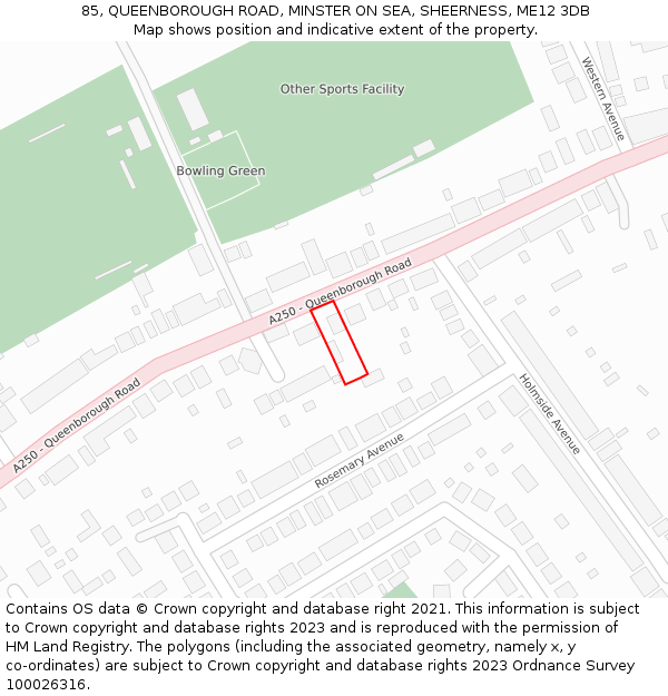 85, QUEENBOROUGH ROAD, MINSTER ON SEA, SHEERNESS, ME12 3DB: Location map and indicative extent of plot