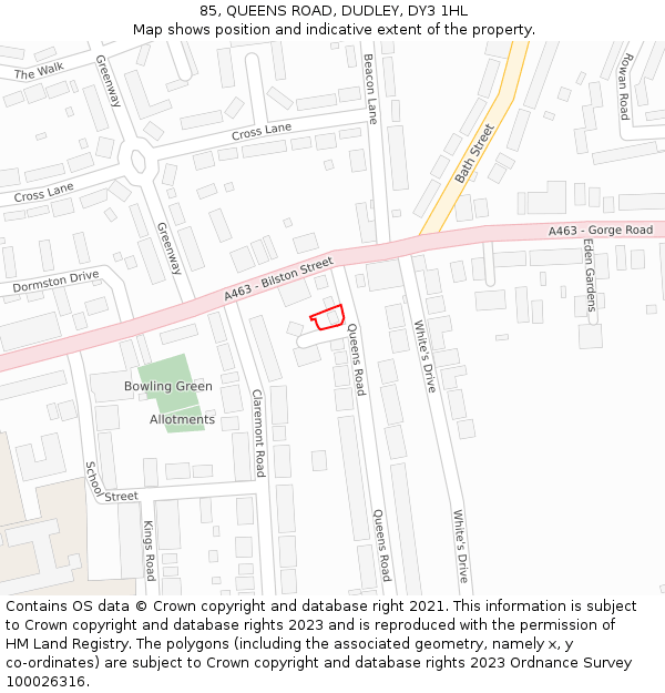 85, QUEENS ROAD, DUDLEY, DY3 1HL: Location map and indicative extent of plot