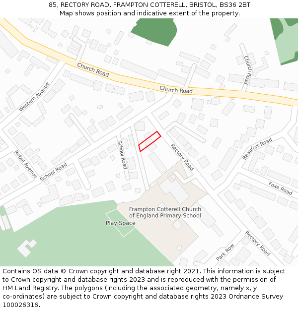 85, RECTORY ROAD, FRAMPTON COTTERELL, BRISTOL, BS36 2BT: Location map and indicative extent of plot