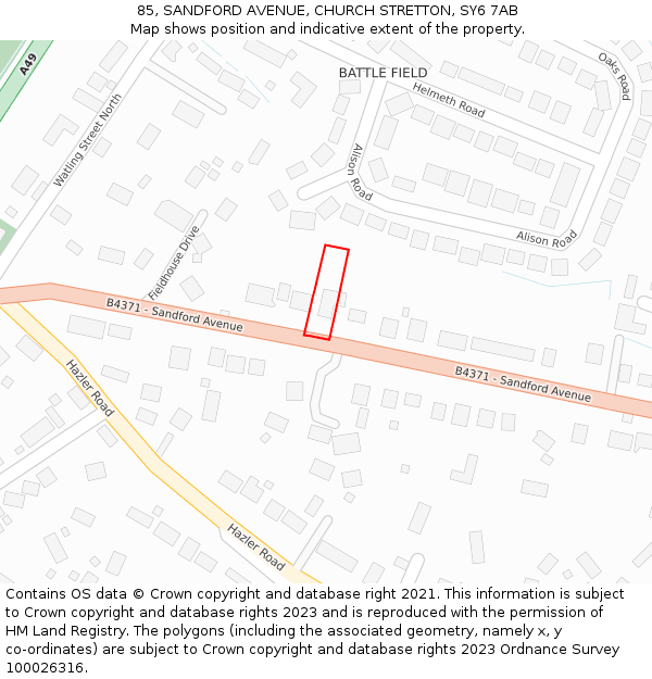 85, SANDFORD AVENUE, CHURCH STRETTON, SY6 7AB: Location map and indicative extent of plot